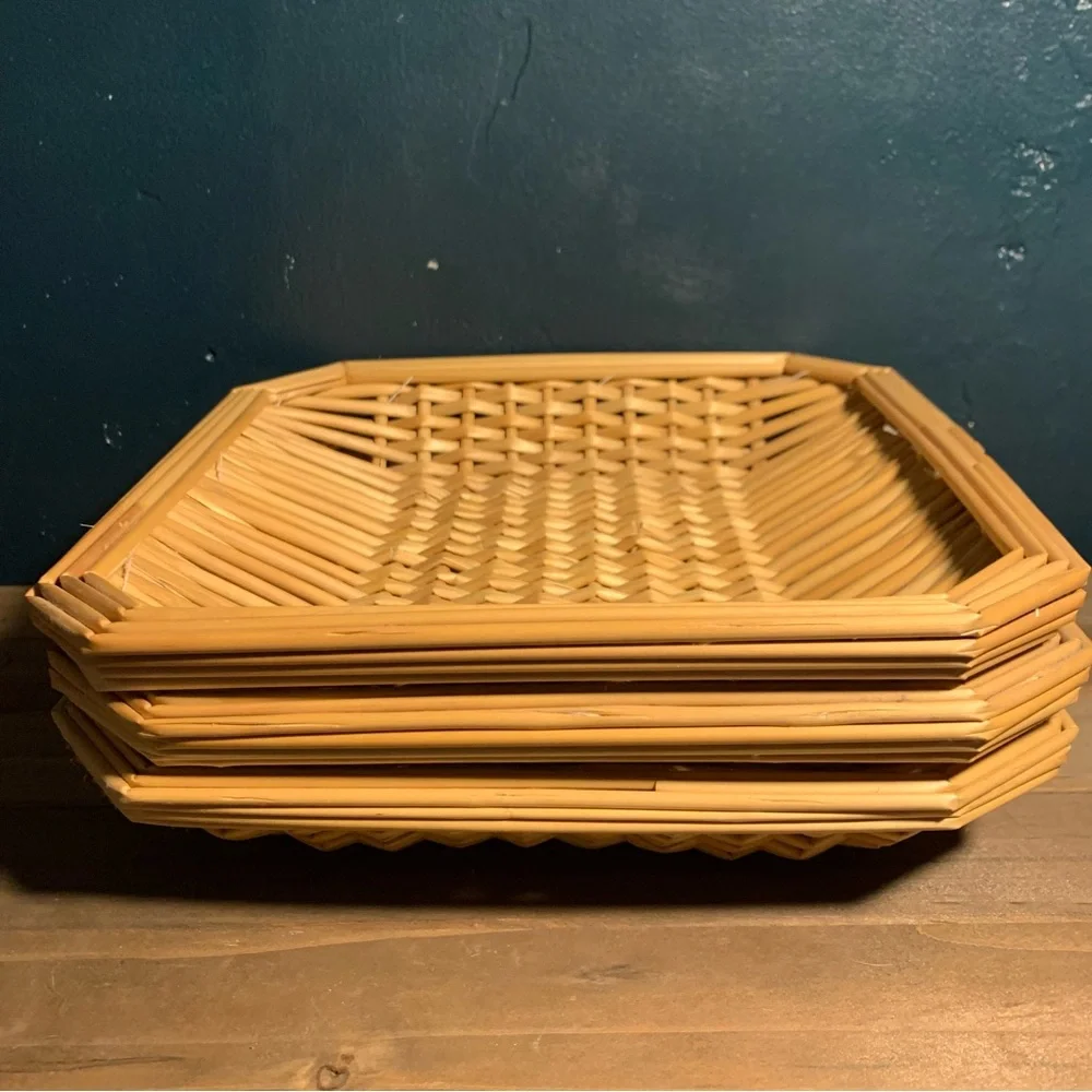 Set 3 Vintage Square Basket Trays Table  Wall Hanging Bread Woven Sewn Wicker